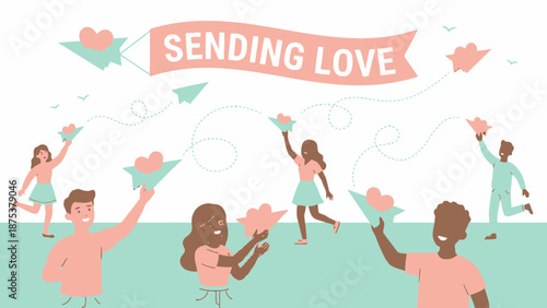 Happy Diverse People Sending Love Messages with Paper Airplanes and Hearts, Communication Concept Vector Illustration.