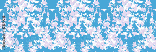 Seamless vector floral pattern with soft lilac and white flowers on a bright blue background. Elegant botanical design ideal for textiles, wallpaper, fashion prints, and home decor