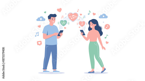 Digital Music Matchmaking: Couple Sharing Audio Content and Connection via Smartphone App in Flat Illustration Style