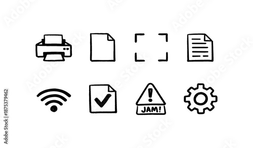 Set of hand-drawn icons representing common digital and office functions