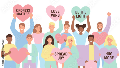 Group of Diverse People Holding Heart Signs with Kindness and Love Messages. Motivational Community Illustration.