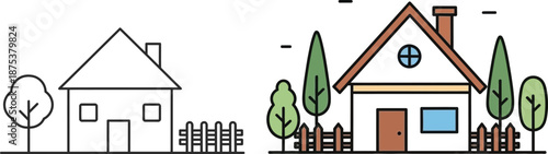 Illustration of a cozy, modern house with a chimney and trees, contrasting with a simple line drawing of a home and fence