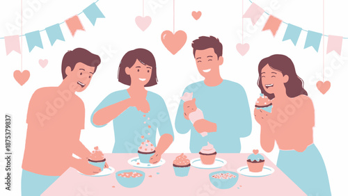 Joyful Friends Group Decorating Festive Cupcakes with Icing and Sprinkles at a Sweet Celebration Party.