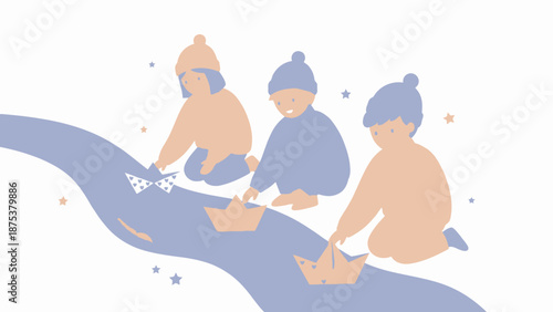 Children Launching Origami Paper Boats Down a Stylized River Stream. Cute Vector Illustration of Friends Playing Outdoors in Pastel Colors, Symbolizing Childhood Joy and Imagination.