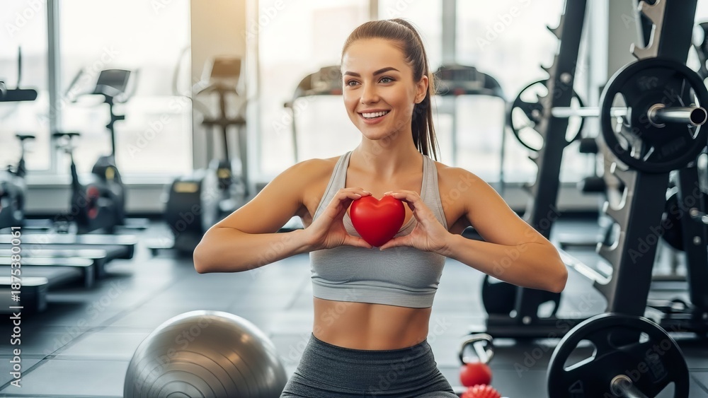Fototapeta premium Fit woman holding red heart shape in gym space