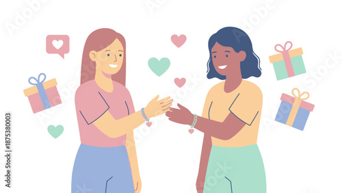 Diverse Women Friendship Illustration, Sharing Gifts and Matching Heart Bracelets in Cute Flat Design Style