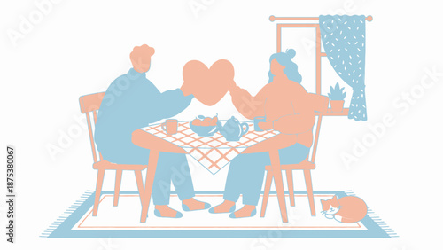 Cozy Couple Sharing Heart-Shaped Bread at Breakfast. Romantic Domestic Morning Scene with Cat. Modern Flat Line Illustration.