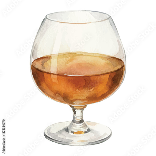 Cognac and Cigar Smoke Watercolor Vector Illustration in Snifter Glass on White Background
