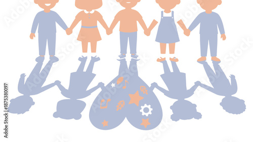 Diverse Children Holding Hands, Shadows Unite into a Heart Filled with Creativity and Education Symbols. Friendship, Inclusion, and Global Unity Vector.