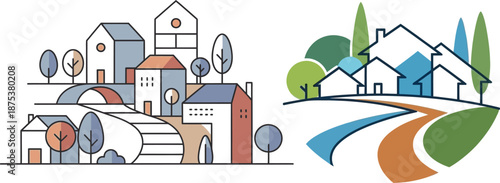 Charming minimalist village illustration depicting houses, trees, and winding paths in a serene community setting, perfect for architecture, real estate, or urban planning concepts