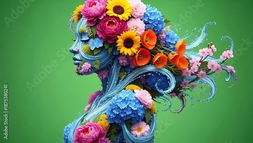 Conceptual Art of Self-Care and Mental Health Growth Featuring Flower-Filled Silhouette and Refreshing Water Wave