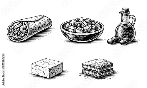Vintage Engraving Style Vector Icons of Greek and Mediterranean Food Ingredients