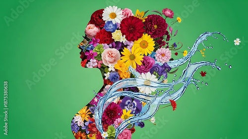 Surreal Silhouette of a Woman Profile Filled with Colorful Spring Flowers and Water Splash on Green Background