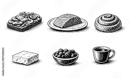 Black and White Woodcut Style Breakfast Food Collection Vector Illustration
