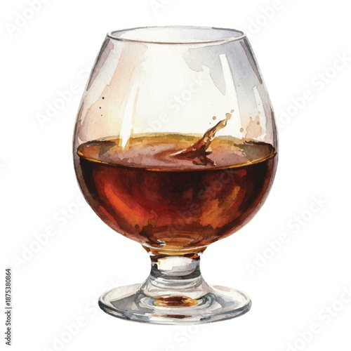 Dark Rum Neat Watercolor Vector Illustration in Snifter Glass on White Background
