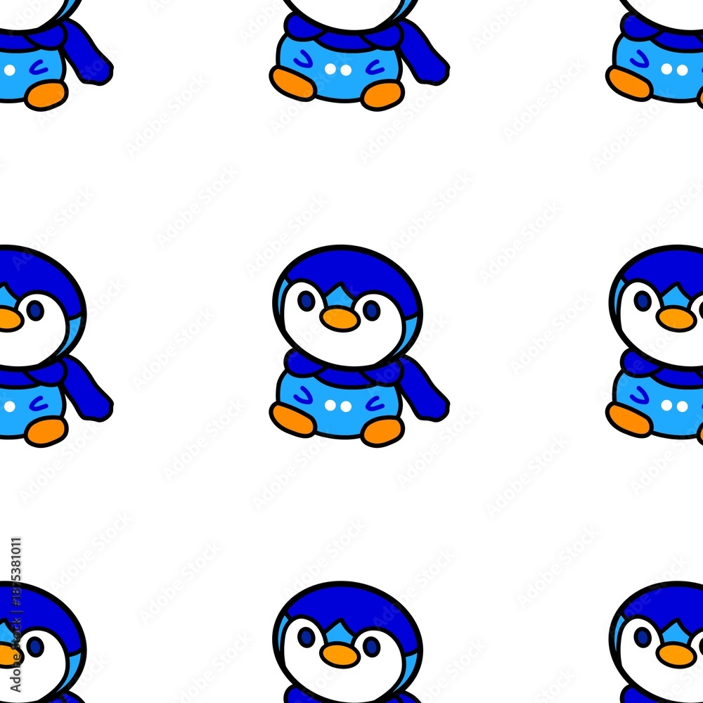 Fototapeta premium Background illustration of a seamless pattern of a cartoon penguin in the Antarctic polar region in blue with a flat design style.