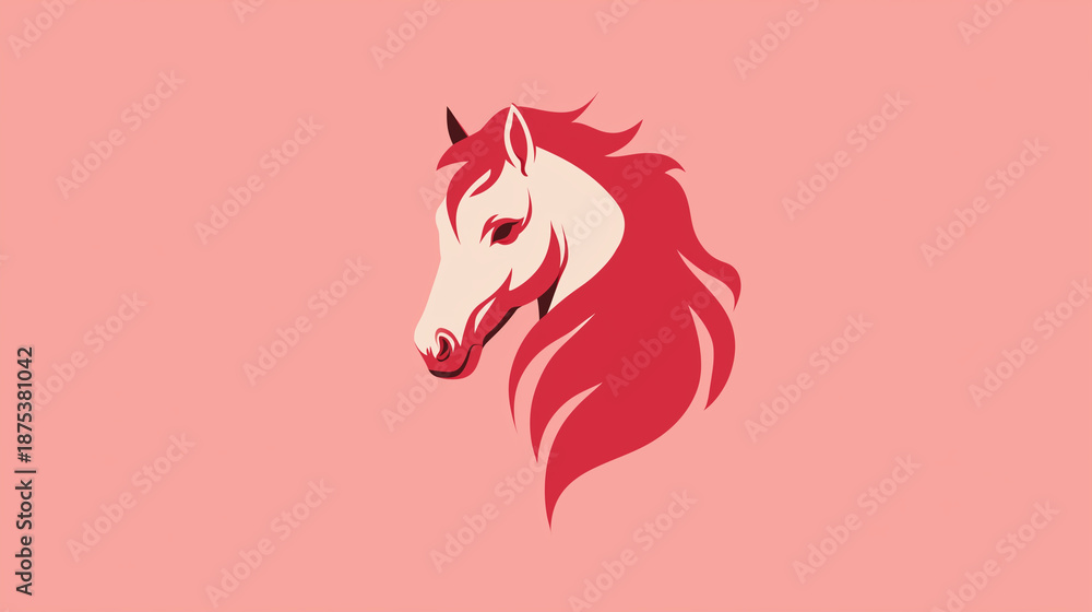 Fototapeta premium Minimal illustration of horse head with flame inspired mane, red monochrome palette, flat vector style