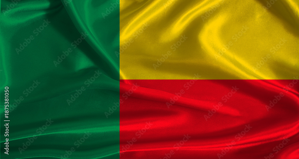Obraz premium Benin flag with cloth textured background. National flag of Benin with realistic texture
