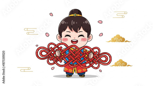 Happy boy holding large Chinese knot