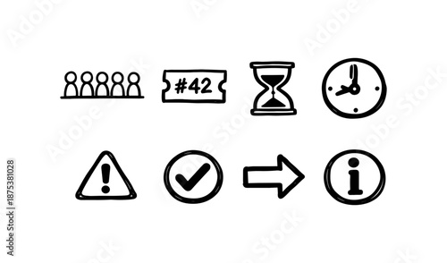 Collection of hand-drawn icons representing common concepts like people, time, and alerts