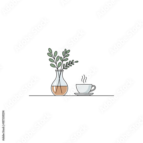 Minimalist coffee cup and plant in vase on white background, clean line art