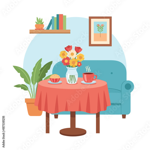 Cozy living room scene with flowers, coffee, and cake on a table