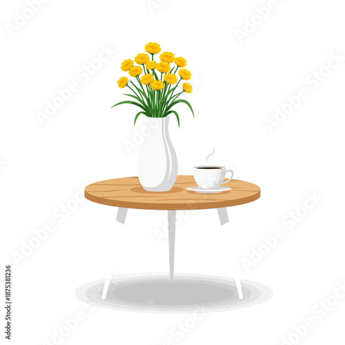 Yellow Flowers in Vase with Coffee Cup on Round Wooden Table