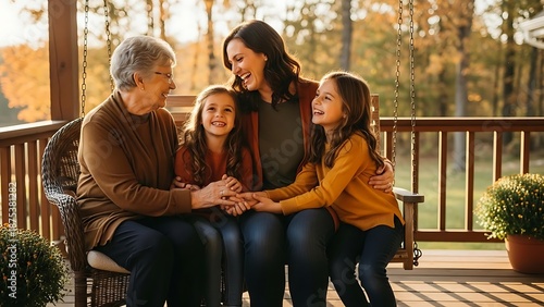 A Loving Grandmother and Her Family Sharing Joyful Moments on a Rustic House Terrace in Autumn