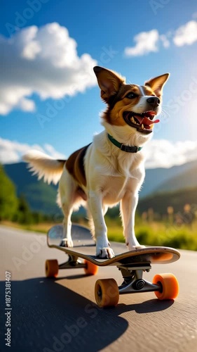 Enthusiastic dog skateboarding down a sunny mountain road, enjoying an outdoor recreational activity with scenic background.