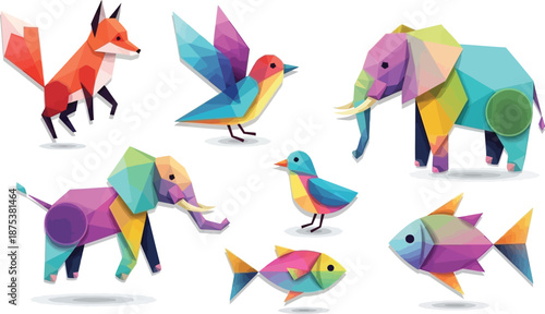 Geometric Origami Animals Collection Featuring a Fox, Birds, Elephants, and Fish in Vibrant Colors