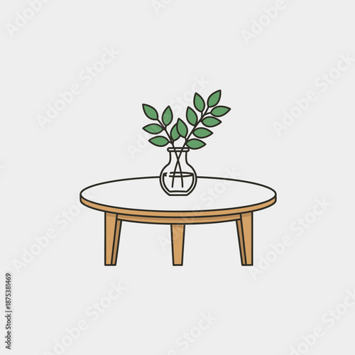 Minimalist illustration of a round wooden table with a vase of green leaves
