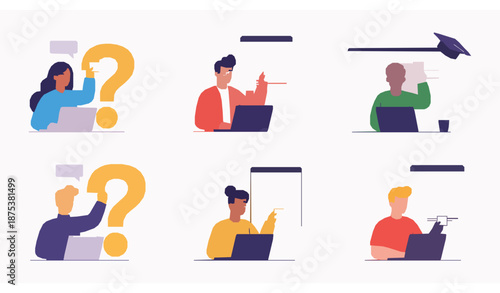 Students passing online exams vector set for distance education