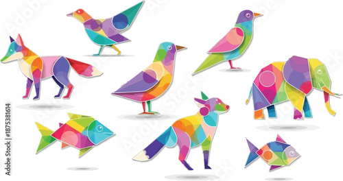 Vibrant geometric animal illustrations. Abstract collection of stylized birds, foxes, elephants, and fish rendered with colorful polygonal patterns, perfect for modern graphic art