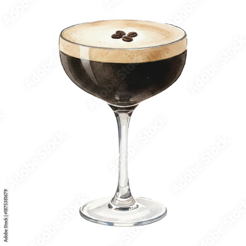 Black Tie Espresso Martini Cocktail Watercolor Vector Illustration with Coffee Beans on White Background
