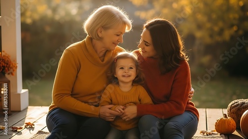 Three Generations of Happy Women Sitting on a Porch Swing with Golden Autumn Forest Background
