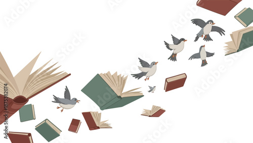 Dynamic illustration of books opening into flying birds, symbolizing the freedom of knowledge, intellectual growth, and the spread of learning and ideas in a whimsical, conceptual design