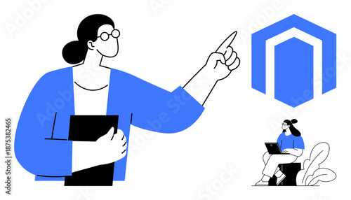 Business concept. A professional presenting ideas while another learner interacts with technology. Business planning, technology learning, teamwork, education, creative design