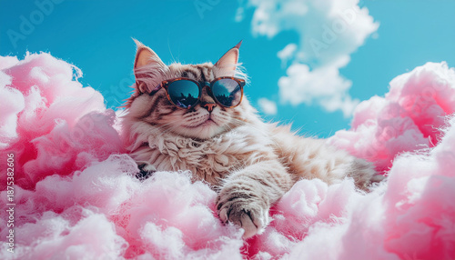 A surreal and playful scene of a giant fluffy cat wearing sunglasses lounging on a cloud made of pink cotton candy, neon dreamlike environment