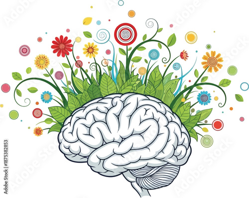 Illustration of a human brain with blooming flowers and green leaves, symbolizing creativity and growth