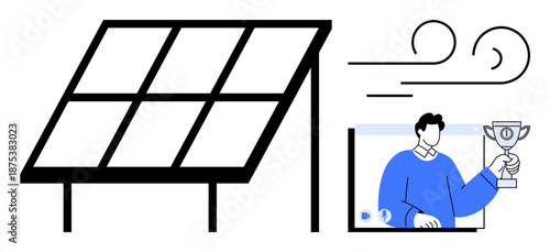 Solar panel harnessing renewable energy, wind energy elements, and a person holding a trophy highlighting achievement and sustainability. Ideal for renewable energy, innovation, eco-awareness, clean