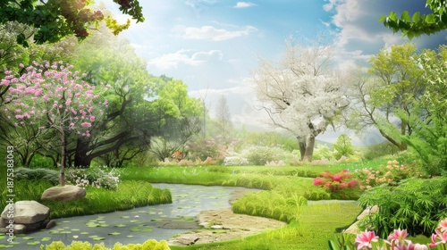 Step into a world where cherry blossoms dance in the gentle breeze, tulips paint the ground in vivid hues of pink, purple and yellow, and lush grass carpets every corner of the spring garden. This col
