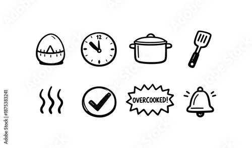 Hand-drawn cooking icons including timer, clock, pot, spatula, steam, checkmark, and bell