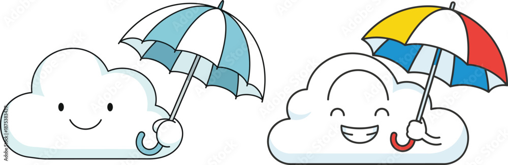 Fototapeta premium Cute cartoon clouds with umbrellas, one blue and one with a rainbow colored umbrella, on a white background