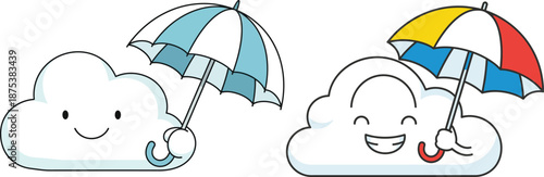 Cute cartoon clouds with umbrellas, one blue and one with a rainbow colored umbrella, on a white background