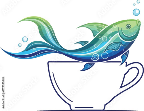 Whimsical fish leaping out of a coffee cup, symbolizing morning energy and a unique start to the day, with bubbles ascending