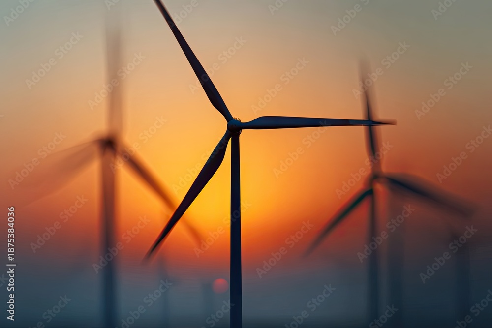 Fototapeta premium Wind turbines silhouetted against a vibrant sunset sky, blades blurred by motion