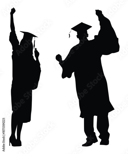 Male and female in graduation cap holding diploma in silhouette diverse graduates in black gowns and caps celebrating with diplomas graduation. Vector illustration.