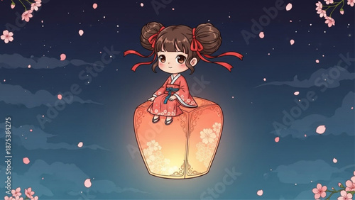 Girl on flying lantern in night sky