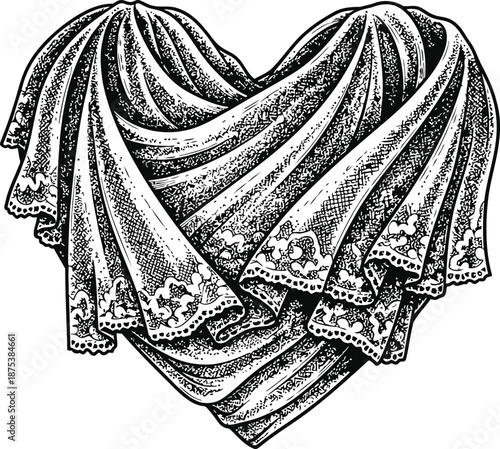Heart Shaped Drape" Vintage Lace Fabric Illustration, Black and White, Romantic Symbolism