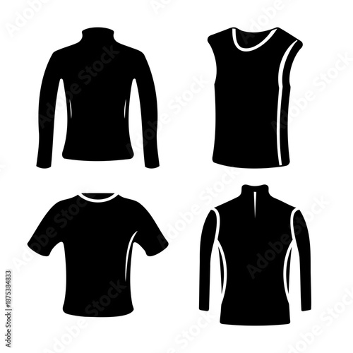 A collection of versatile black sport shirts and athletic tops silhouettes for various activities